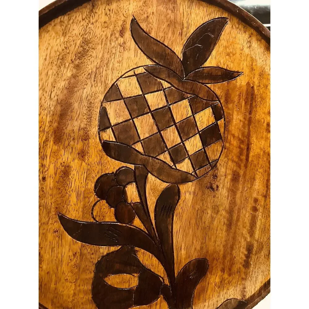 VINTAGE Folk Art HANDCRAFTED Wood Tray CARVED Plate Pineapple Hand 14” 3010-28